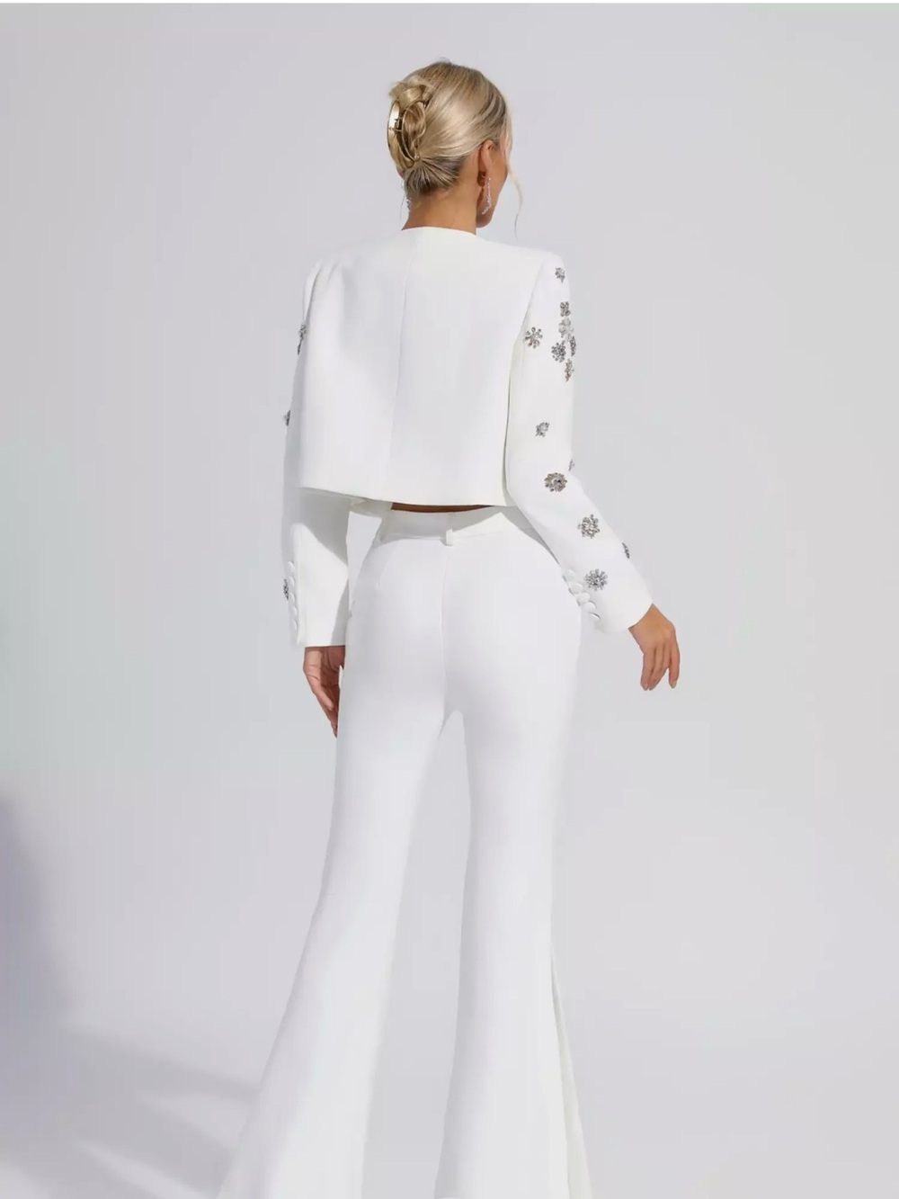 Catchall Cropped Embellished Blazer & High-Waist Wide-Leg Pants Set - White - Picture 2 of 14